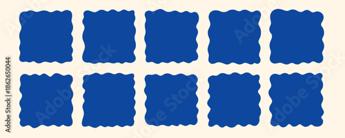Blue Wavy Square Zigzag Shape Frame Set. Irregular Edge Curvy Border Box Kit. Doodle Vector Illustration