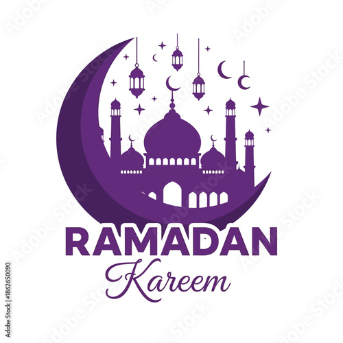 a vibrant ramadan kareem illustration showcases a purple crescent moon framing a beautiful mosque skyline adorned with glittering stars and lanterns