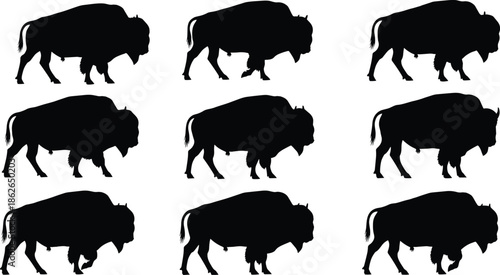 Collection of American bison silhouettes featuring various buffalo poses in side profile for wildlife conservation and western nature vector illustration.