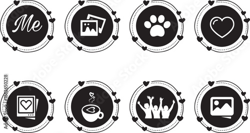 Black Circular Social Media Highlight Icons Set, Minimal Story Covers with Love, Photo, Pet Symbols