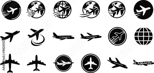 Collection of airplane and globe icons featuring various aircraft silhouettes flight paths and world maps for travel and aviation vector.