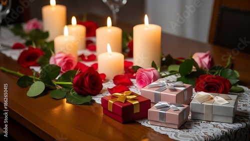 Wallpaper Mural Romantic dinner setup with candles and roses on a wooden table with gift boxes in a cozy ambiance Torontodigital.ca