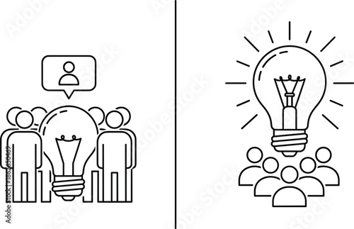 Comparison of user feedback driven innovation versus leadership inspiration, business creativity concept vector illustration in black and white outline style.