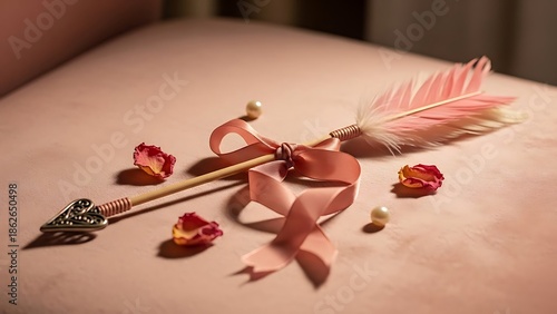Wallpaper Mural A delicate pink feathered arrow lies on a soft surface surrounded by flower petals and tied with a ribbon Torontodigital.ca