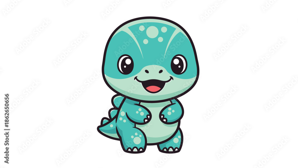 Fototapeta premium Adorable Cartoon Baby Dinosaur with Big Eyes and Cute Smile.