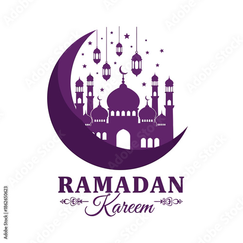 An elegant depiction of ramadan with a crescent moon ornate mosque silhouette twinkling lights and festive greetings high quality