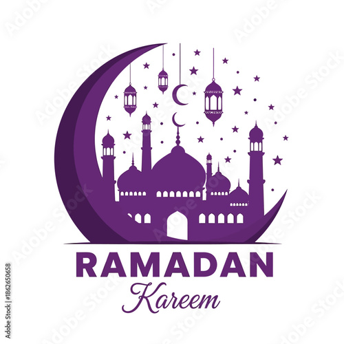 a stunning depiction of ramadan kareem featuring a crescent moon ornate lanterns and a beautiful mosque silhouette against a starry night backdrop
