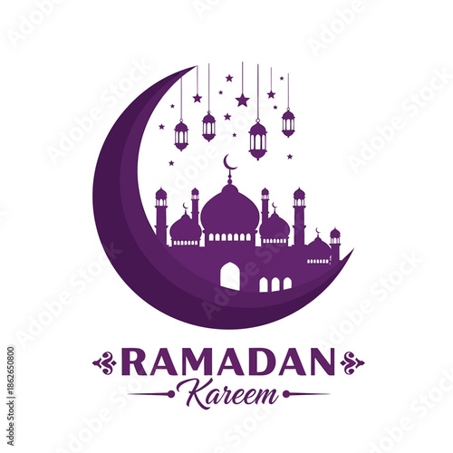 a beautiful illustration featuring a dark purple crescent moon with a silhouetted mosque and ornate lanterns celebrating ramadan kareem