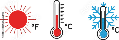 Weather icons set featuring a sun thermometer with Celsius and Fahrenheit scales and a snowflake for hot and cold temperature vector illustration.