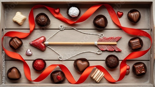 Wallpaper Mural Heart-Shaped Chocolates and Ribbon in a Wooden Box with Cupid's Arrow Torontodigital.ca