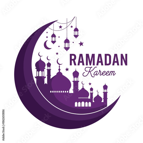 A beautiful ramadan kareem illustration featuring a crescent moon mosques and twinkling stars in shades of purple high quality