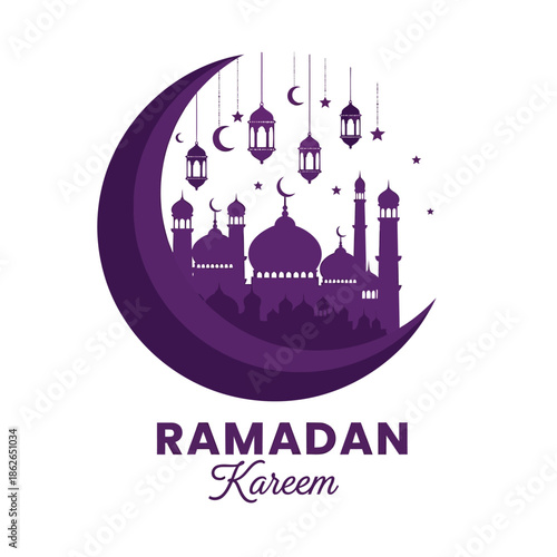 A beautifully designed ramadan kareem illustration featuring a crescent moon ornate lanterns a majestic mosque silhouette and festive details
