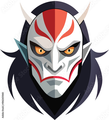 Japanese Oni Demon Mask Esports Logo Vector - Fierce Kabuki Mascot Design Illustration"