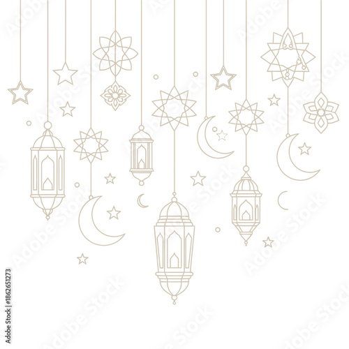 an elegant arrangement of gold islamic ornaments including lanterns stars crescents and geometric patterns suspended from above high quality