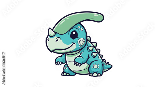 Adorable Cartoon Parasaurolophus Dinosaur Character Illustration on White Background.