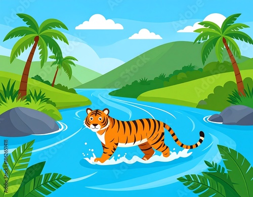 Tiger in River - Jungle Landscape Illustration.