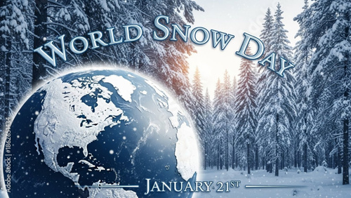 World snow day on january 21st, a winter wonderland scene with a globe and snowy forest