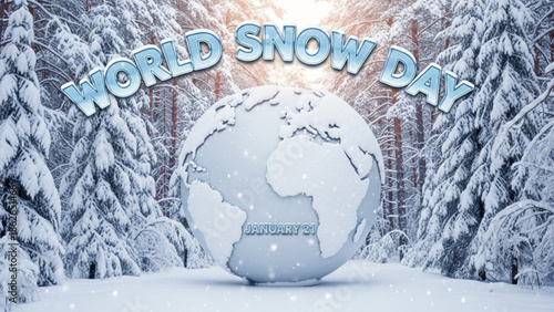 World snow day celebration concept with globe in snowy forest landscape with winter