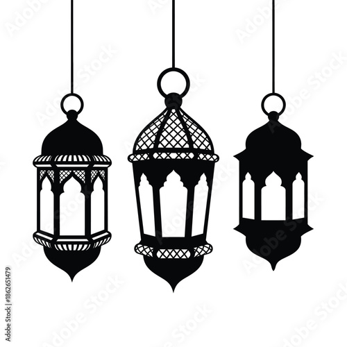 a striking illustration of three ornate black lanterns suspended from above showcasing traditional arabesque patterns and designs on a white background