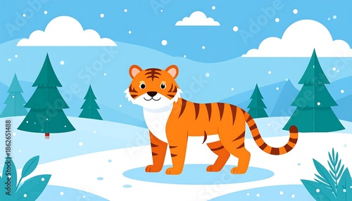Tiger in Winter Wonderland - A Cartoon Illustration of Wildlife.