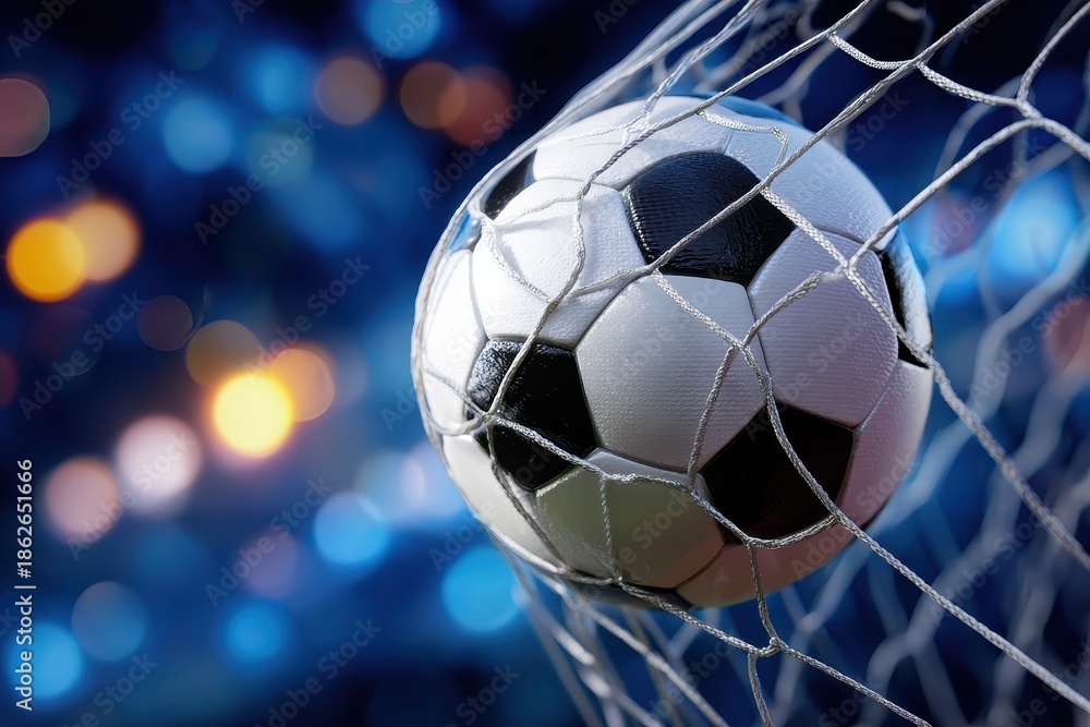 Naklejka premium Soccer ball curves into the goal net during an intense match on a vibrant evening under stadium lights