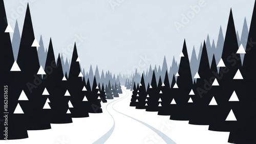 Snowy road through a forest of dark evergreen trees with white snowflakes on branches