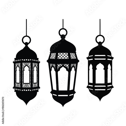 a striking visual of three intricately designed black lanterns suspended against a plain white background showcasing traditional islamic artistry and elegance