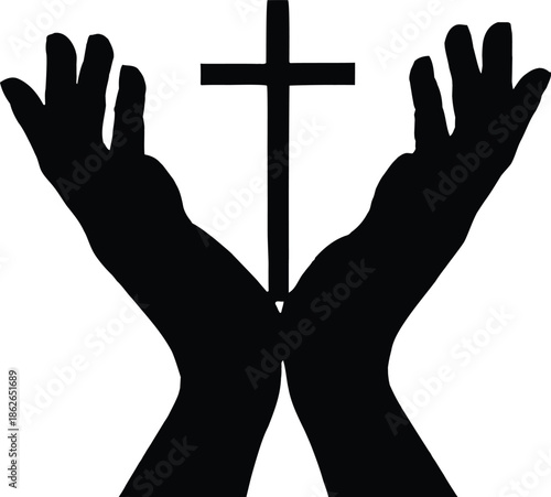 Silhouette of hands raised in prayer with a cross