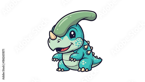 Adorable Cartoon Parasaurolophus Dinosaur Character Illustration on White Background.