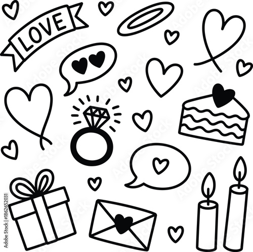 Love-Themed Doodle Icons with Hearts, Gifts, and Romantic Symbols