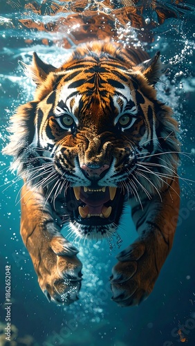 Tigers Underwater Gaze - A Powerful Portrait of Aquatic Majesty.