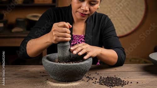 Woman grinding coffee beans in mortar.