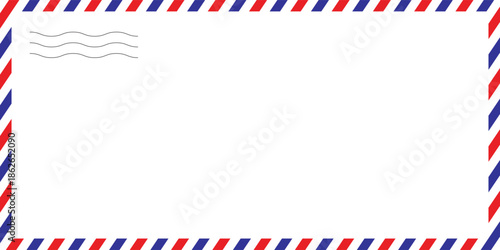 Airmail Envelope frame images with strips. International vintage letter border. Retro air mail postcard with blue and red stripes. Empty classic postal frame.