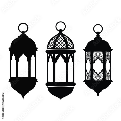 A striking black and white illustration showcases three ornate decorative lanterns each with a unique design suspended in a minimalist composition
