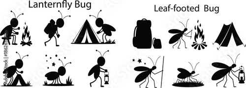 Lanternfly and leaf footed bug camping and outdoor activities silhouettes