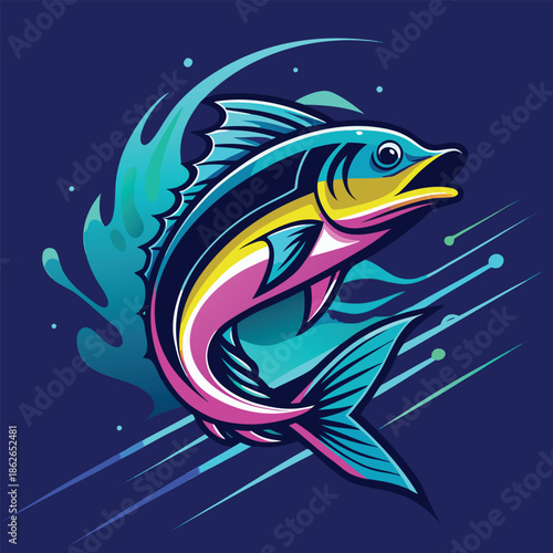 Vibrant Tuna Fish Mascot Vector - Jumping Yellowfin Tuna with Water Splash Illustration"