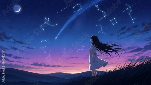 Woman watching stars in night sky.