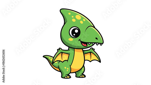 Adorable Cartoon Pterodactyl with Big Eyes and Yellow Wings.