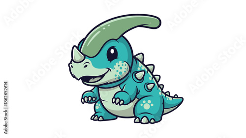 Adorable Cartoon Parasaurolophus Dinosaur Illustration on White Background.