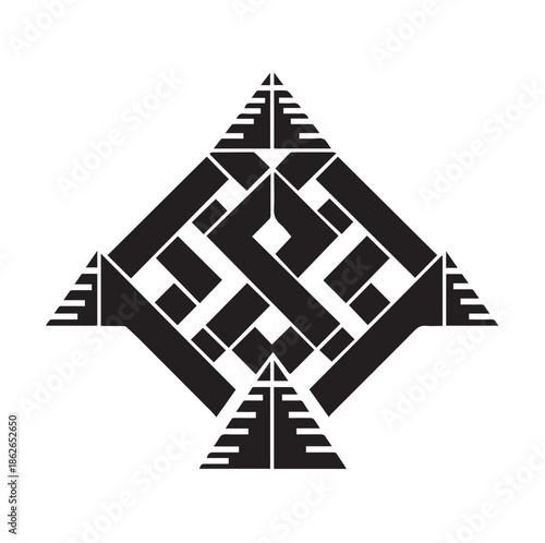 Abstract geometric diamond totem illustration, black and white tribal inspired symbol with linear patterns for ethnic branding and textile design