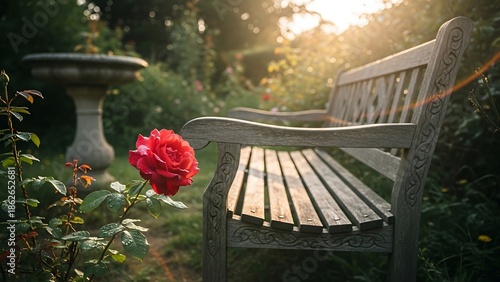 Wooden garden bench with red rose.