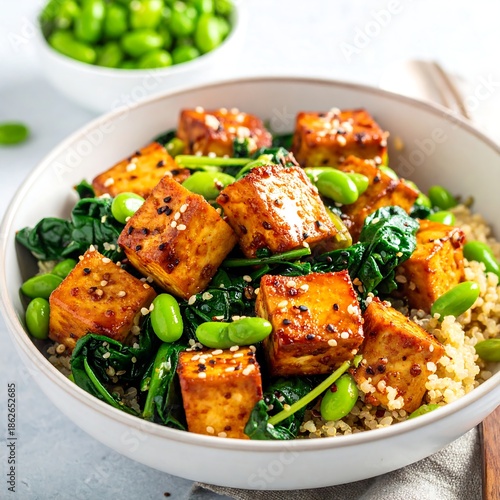 Tofu Bowl with Quinoa, Spinach, and Edamame - A Healthy and Delicious Meal.