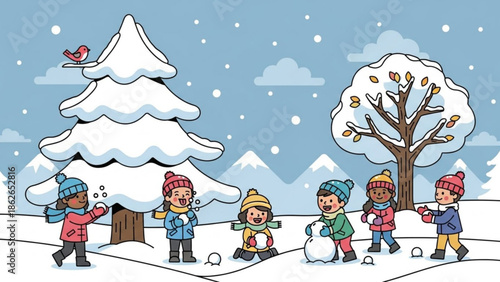 Children playing in snow, kids making snowman, winter fun, snowball fight, kids outdoors
