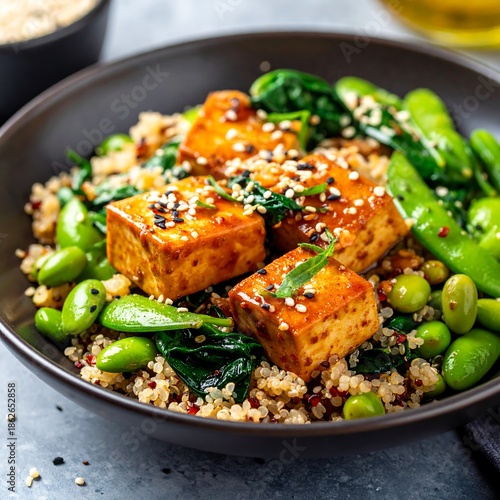 Tofu Quinoa Bowl with Edamame and Spinach - Healthy Vegan Meal.