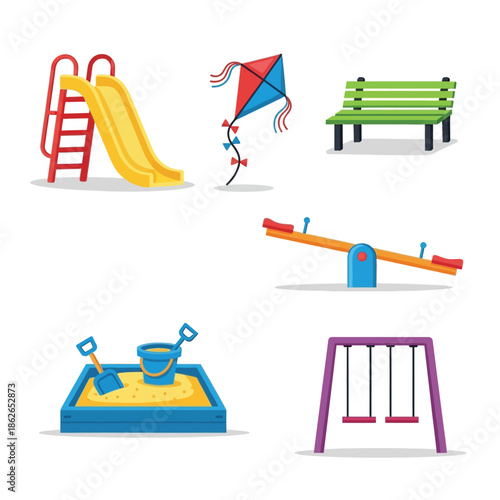 A vibrant collection of playground elements including a slide swing set seesaw sandbox and kite for cheerful outdoor activities