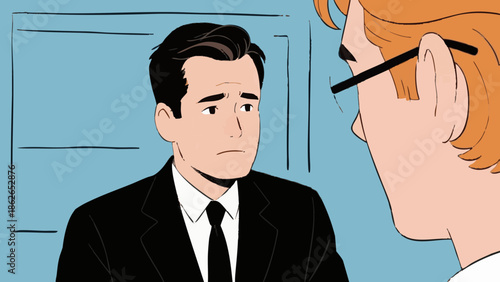 A simple illustration of a depressed businessman. Worries. Stress. Job change. Career.