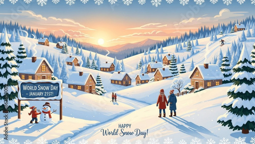 Snowy village scene on world snow day january 21st with people skiing and walking, snow
