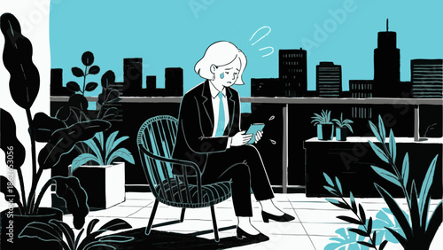 A simple illustration of a depressed businesswoman. Worries. Stress. Job change. Career.