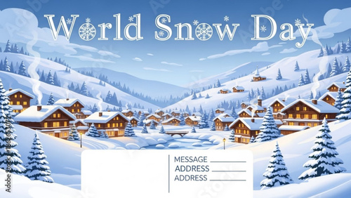 Snowy village landscape with houses and trees on a winter day, world snow day celebration