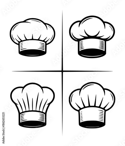 Black and white chef hats arranged in a grid a white cook culinary